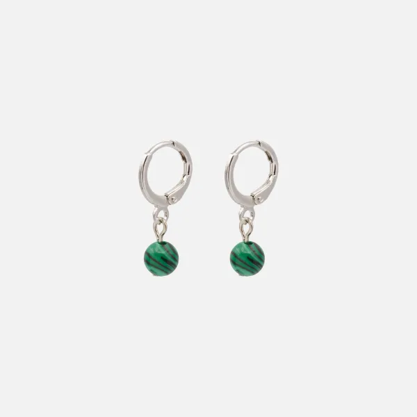 Boucles D'oreilles Anneaux Argentés Breloque Pierre Verte Zébrée