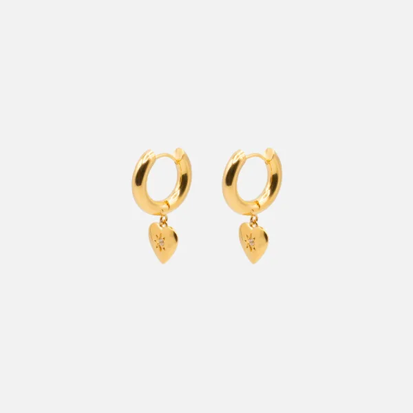 Boucles D'oreilles Anneaux Épais Dorés 20 Mm Avec Breloque Coeur Et Zircon En Acier Inoxydable