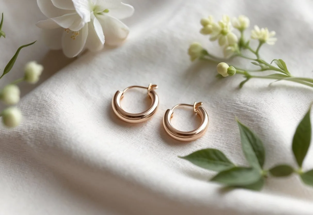 Une paire de petites boucles d'oreilles huggies posée sur un tissu doux avec des fleurs et des feuilles autour.