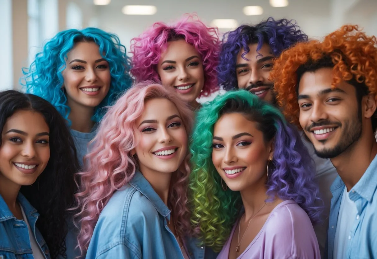 Groupe de jeunes adultes avec des boucles colorées souriant et interagissant dans un espace intérieur lumineux.