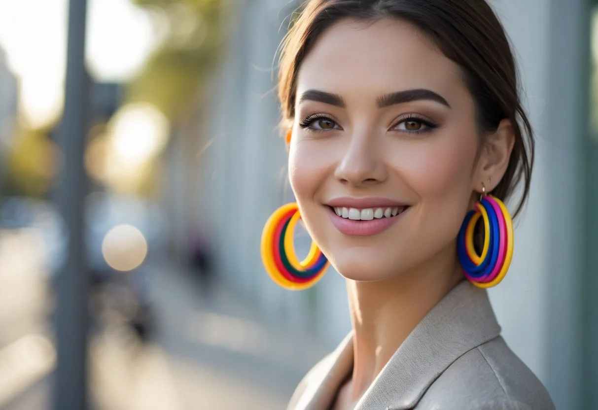 Une femme souriante porte des boucles d'oreilles colorées avec une tenue moderne dans un décor urbain flou.