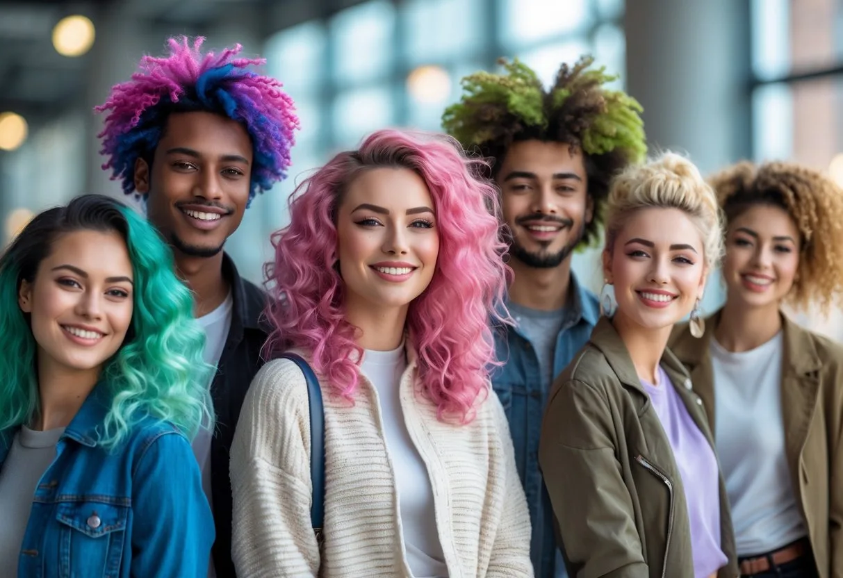 Un groupe de jeunes adultes avec des boucles colorées souriant ensemble dans un environnement urbain moderne.