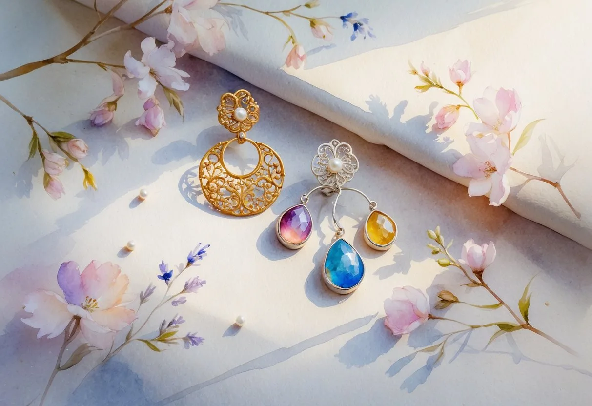 Une paire de boucles d’oreilles différentes posées sur un fond doux avec des accents floraux autour.
