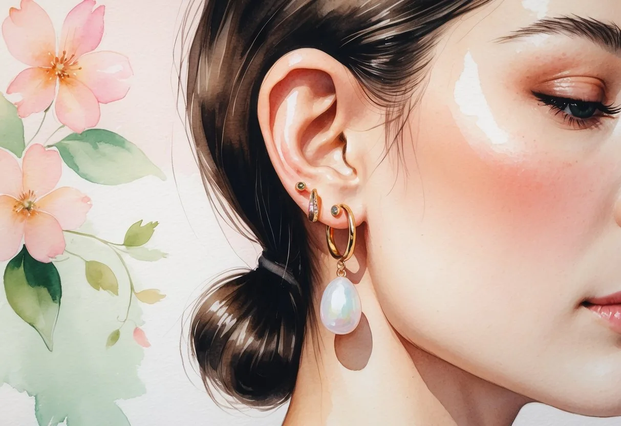 Une oreille féminine portant deux boucles d’oreilles différentes, une petite créole dorée et une boucle pendante avec une perle, sur un fond floral doux.