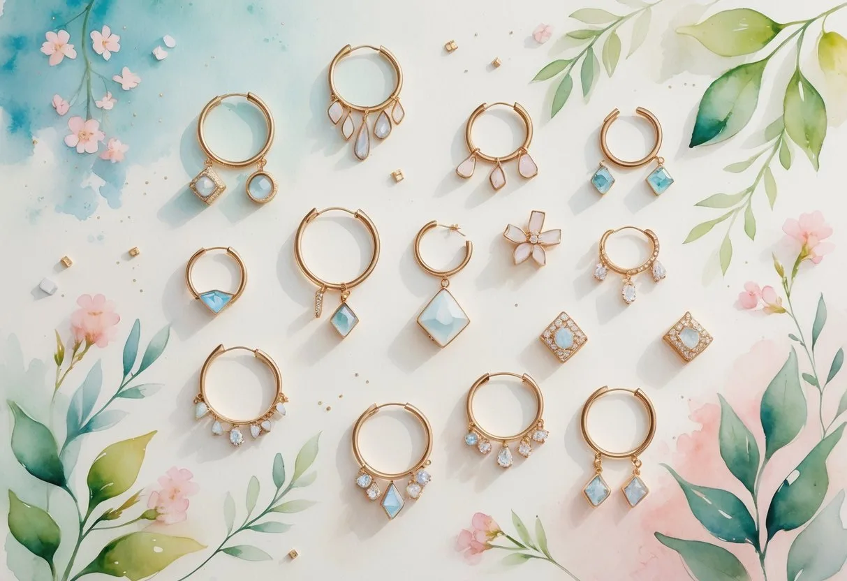 Une collection élégante de boucles d’oreilles mixtes disposées sur un fond doux avec des accents floraux autour.