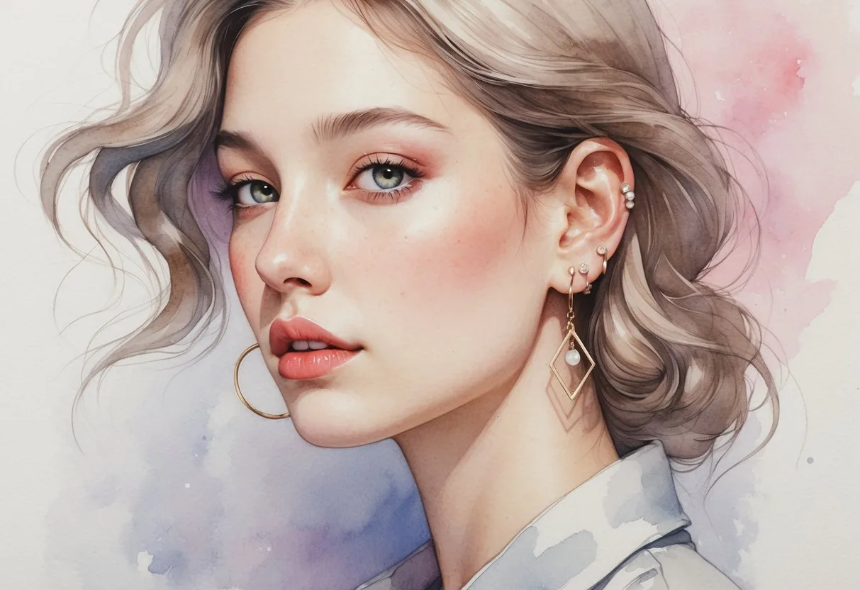 Une jeune femme porte des boucles d’oreilles différentes sur chaque oreille, avec un fond pastel doux.