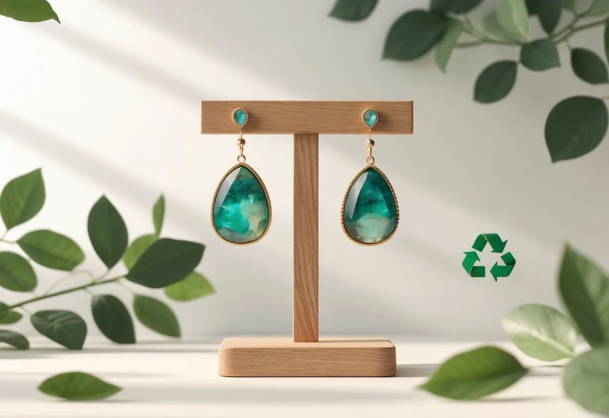 Une paire de boucles d’oreilles durables exposée sur un support en bois avec des feuilles vertes en arrière-plan symbolisant l’éthique et la durabilité.