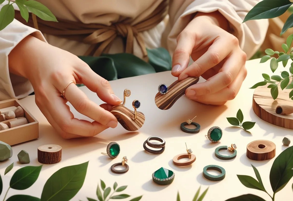 Des mains fabriquant des boucles d’oreilles avec des matériaux naturels et durables, entourées de feuilles vertes et de symboles de recyclage.