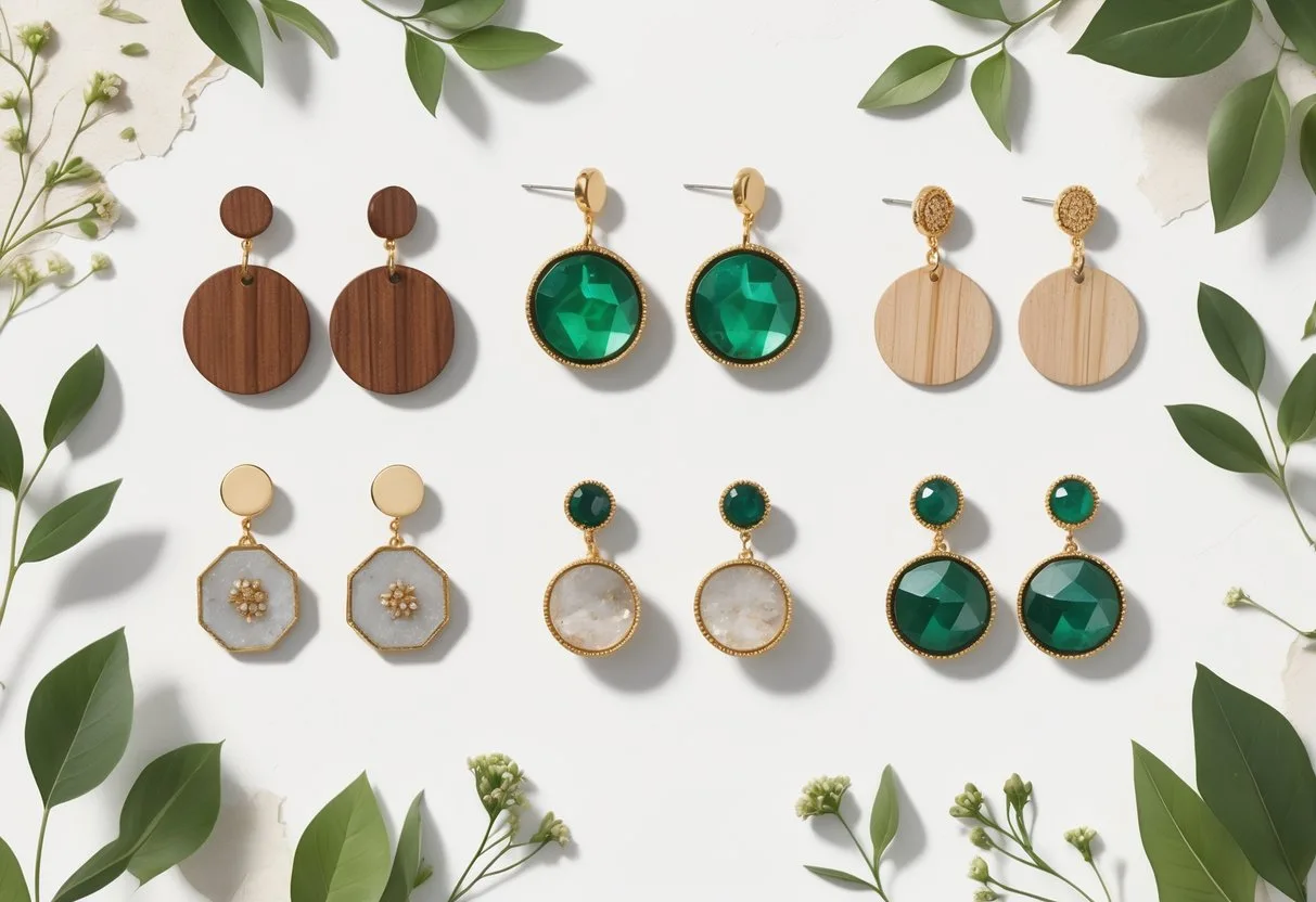 Une collection de boucles d’oreilles éthiques présentées avec des éléments naturels comme des feuilles et des fleurs.