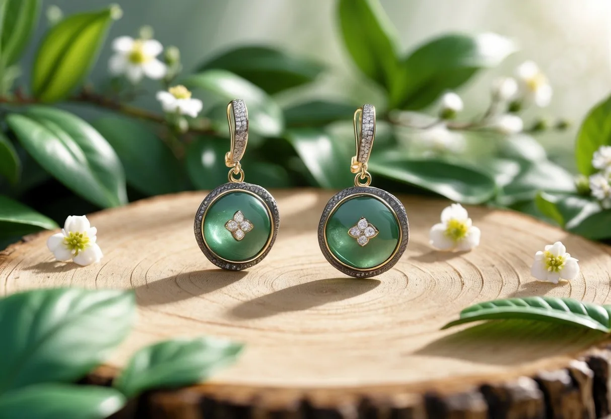Une paire de boucles d’oreilles élégantes posée sur une surface en bois naturel, entourée de feuilles vertes et de petites fleurs blanches.