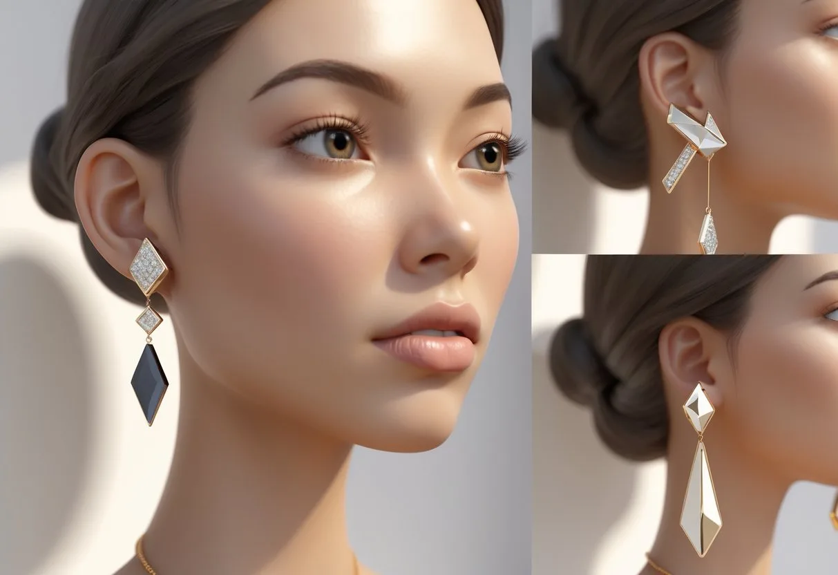 Visage féminin rond en gros plan portant différentes paires de boucles d’oreilles, vues sous plusieurs angles.