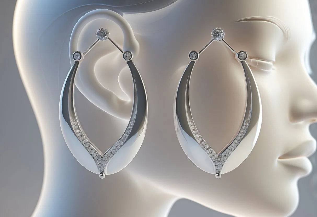 Une paire de boucles d’oreilles élégantes portées sur une tête de mannequin avec un visage ovale.