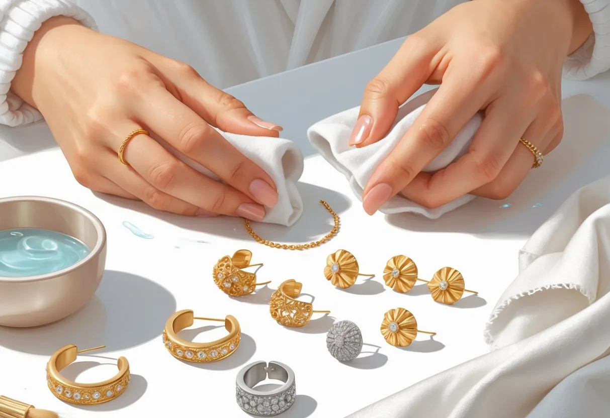 Des mains nettoyant délicatement des boucles d’oreilles en plaqué, doré et acier inoxydable sur une surface propre avec des outils de nettoyage.