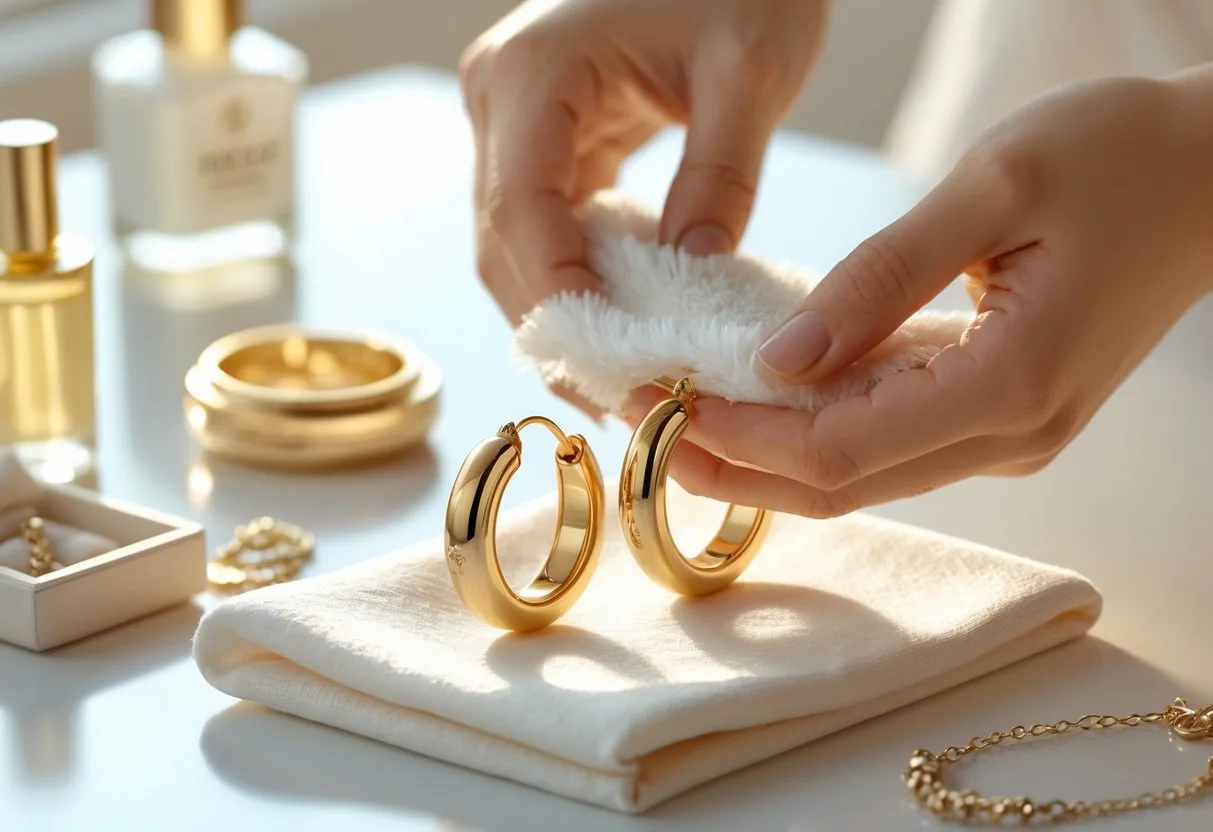 Une paire de boucles d’oreilles en plaqué or est nettoyée délicatement avec un chiffon blanc par des mains soignées sur une table de toilette propre avec des accessoires de nettoyage de bijoux.