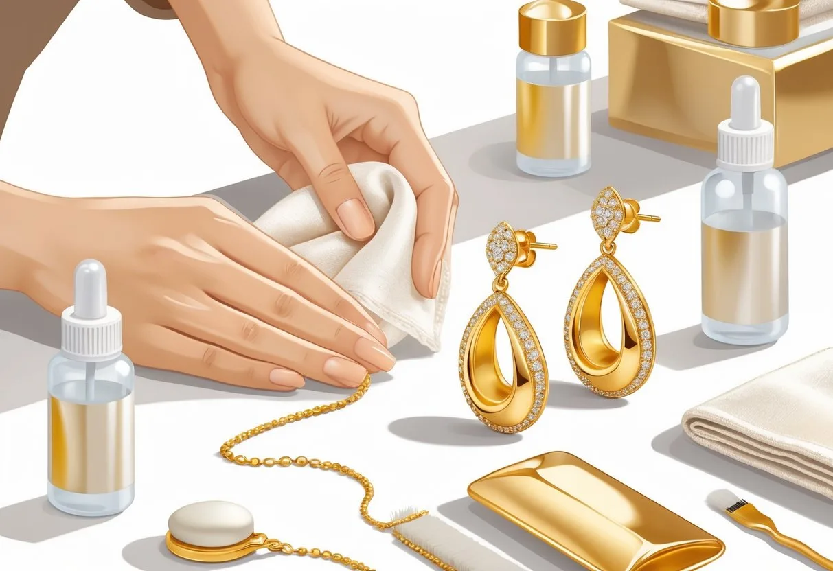 Des mains nettoyant délicatement une paire de boucles d’oreilles dorées avec un chiffon doux sur un espace de travail propre et lumineux.