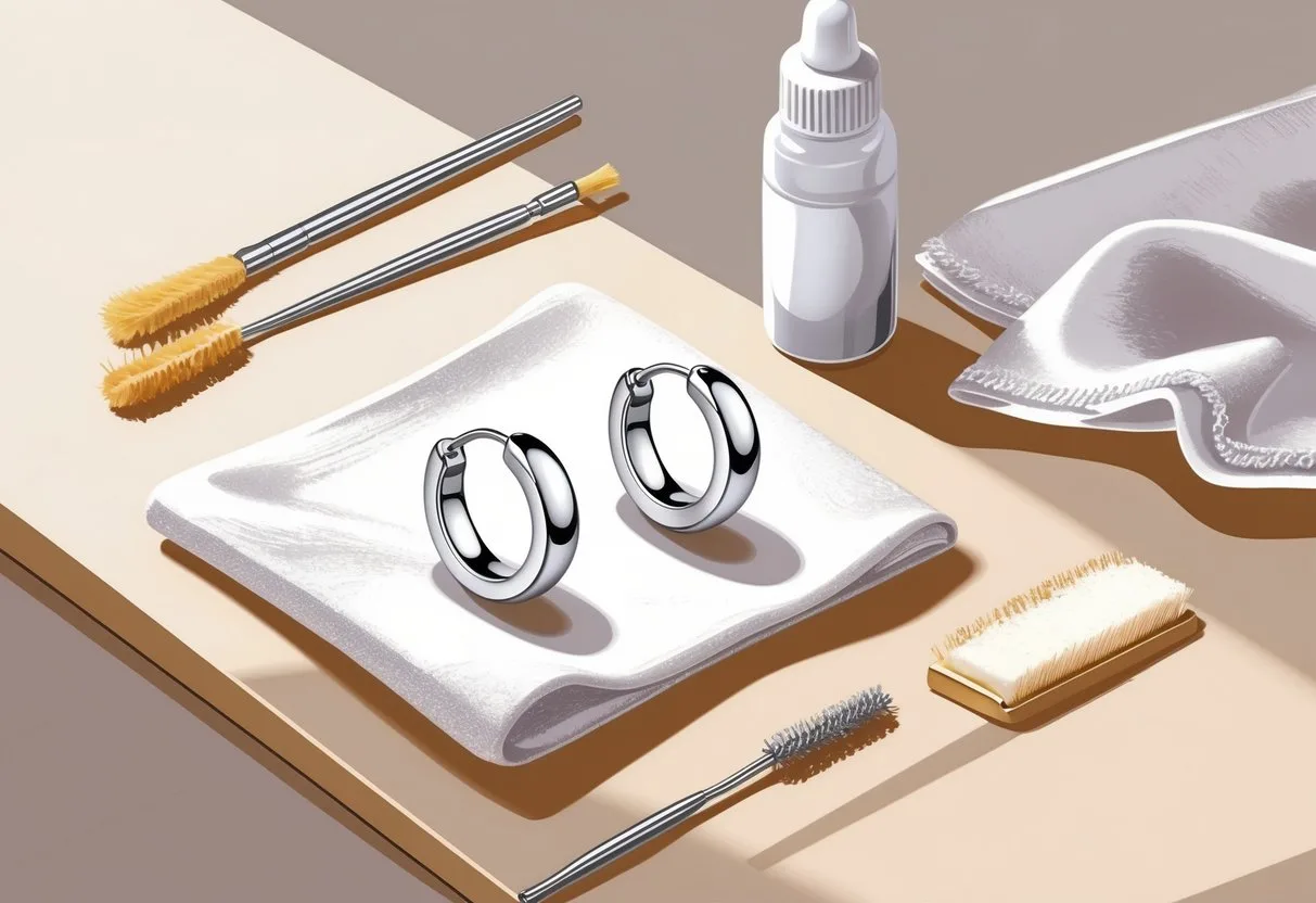 Une paire de boucles d’oreilles en acier inoxydable posée sur un tissu doux avec des outils de nettoyage à côté sur une surface en bois.