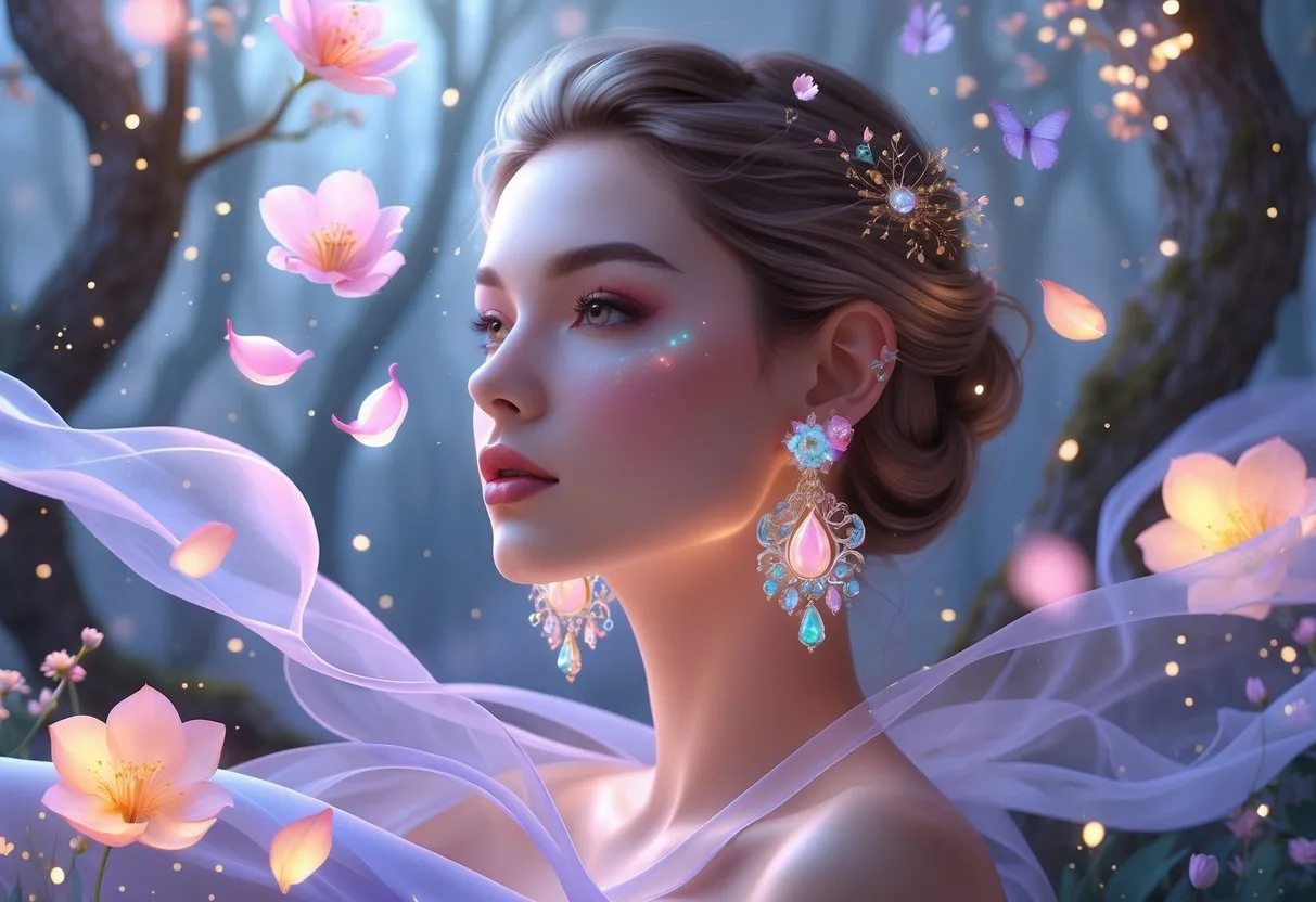 Une femme élégante portant des boucles d’oreilles colorées, entourée d’un environnement naturel lumineux avec des fleurs et des lumières flottantes.