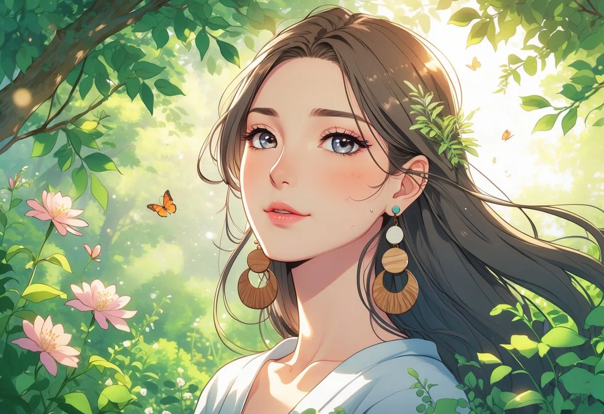 Une jeune femme porte des boucles d’oreilles élégantes dans un cadre naturel verdoyant avec des fleurs et des rayons de soleil.