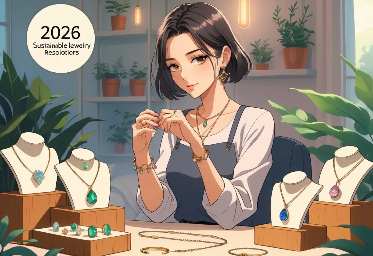 Une jeune femme choisit des bijoux écologiques dans une pièce chaleureuse avec des plantes, symbolisant des résolutions responsables pour 2026.