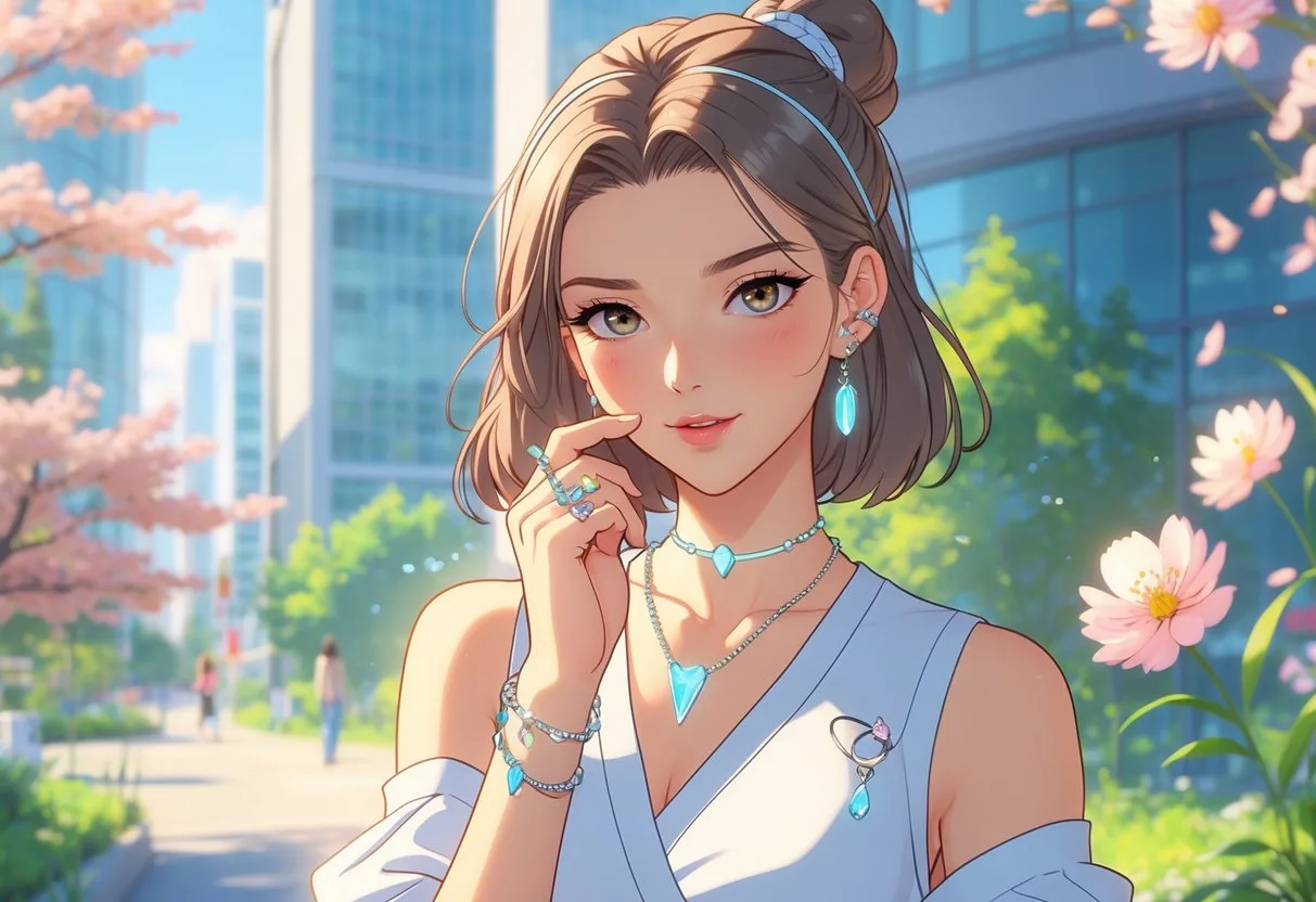 Une jeune femme porte des bijoux élégants dans un décor urbain lumineux avec des fleurs et des bâtiments en arrière-plan, exprimant confiance et espoir.