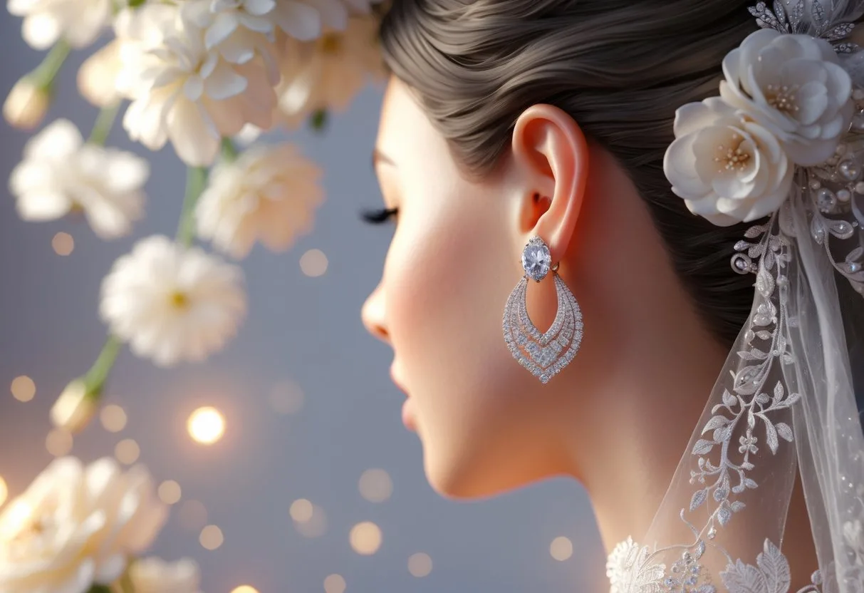 Gros plan sur une oreille de mariée portant des boucles d’oreilles scintillantes avec des fleurs blanches en arrière-plan.