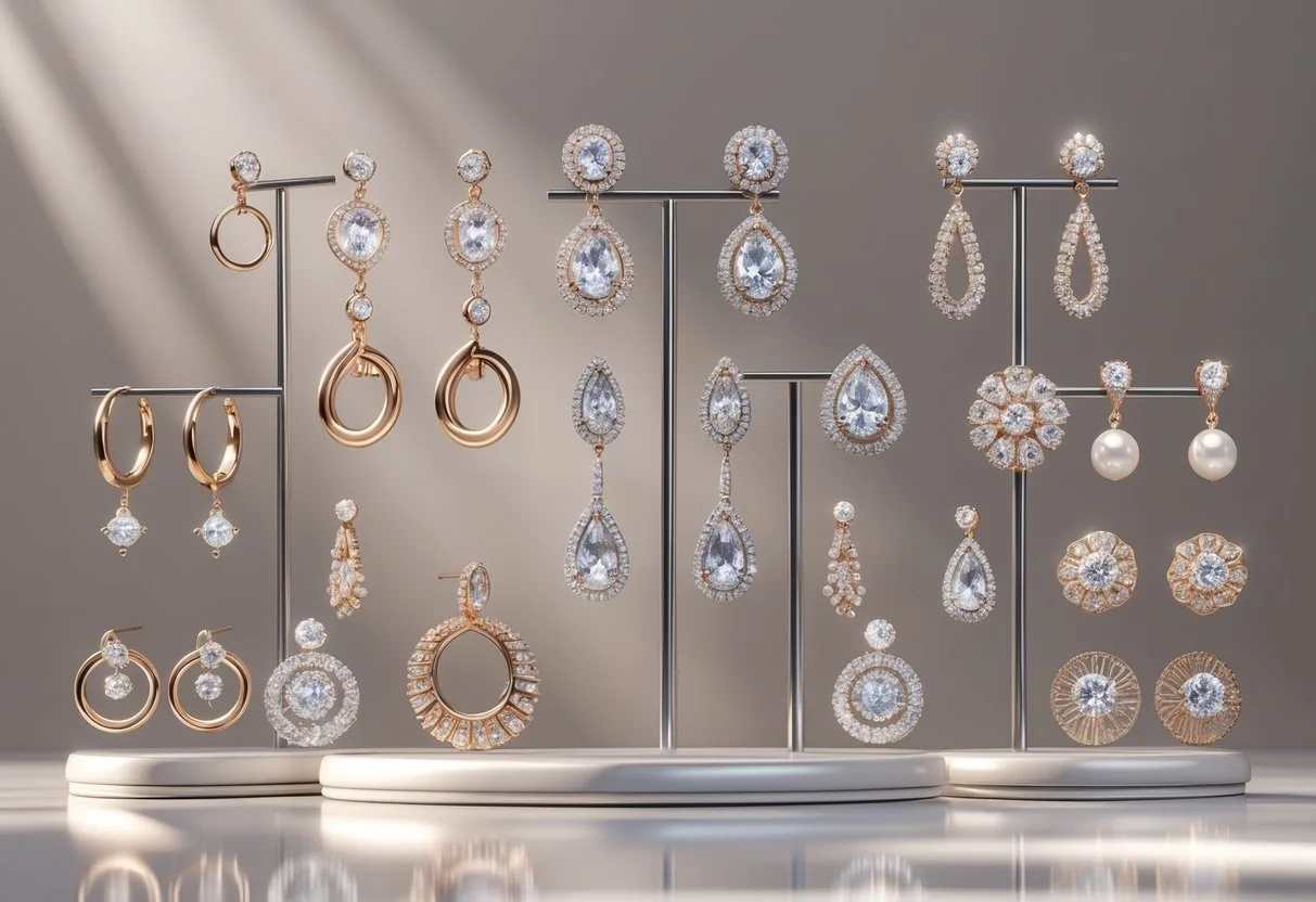 Une présentation de plusieurs paires de boucles d’oreilles variées disposées sur un support élégant dans un environnement lumineux.