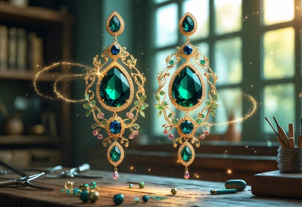 Une paire de boucles d’oreilles lumineuses flottant au-dessus d’un bureau en bois avec des outils de bricolage, entourée d’une aura lumineuse dans un espace de travail paisible.