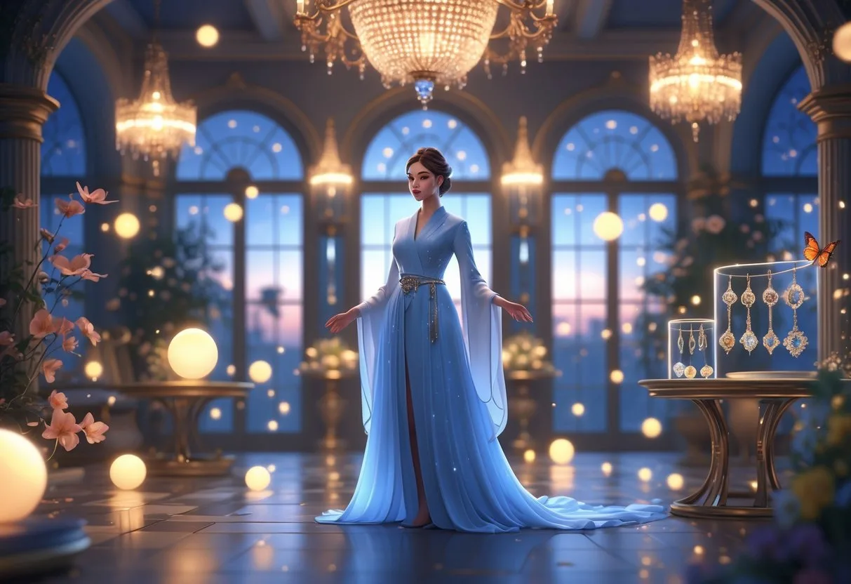 Un directeur d'hôtel élégant debout dans un hall somptueux avec des bijoux étincelants sur une table à côté, entouré de lumières douces et d'un ciel crépusculaire visible par de grandes fenêtres.