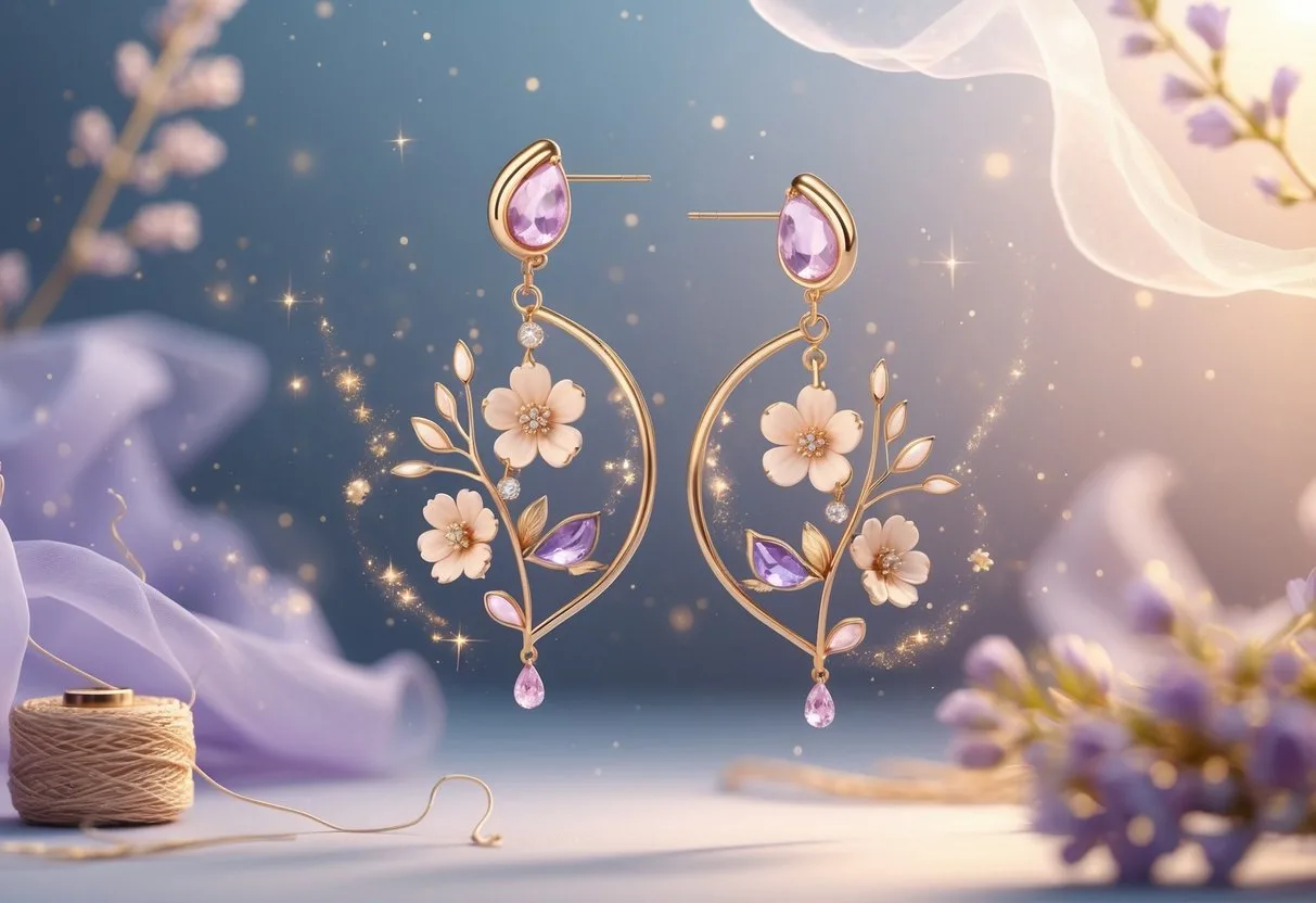 Une paire de boucles d’oreilles délicates flottant dans une lumière douce avec des détails floraux et des étincelles lumineuses autour, sur un fond pastel lumineux.