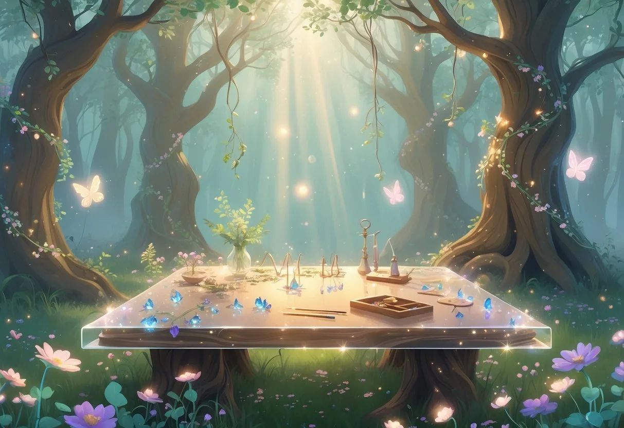 Un atelier artisanal délicat dans une clairière forestière magique avec des boucles d’oreilles en cours de fabrication sur une table entourée de lumière douce et de petites créatures lumineuses.
