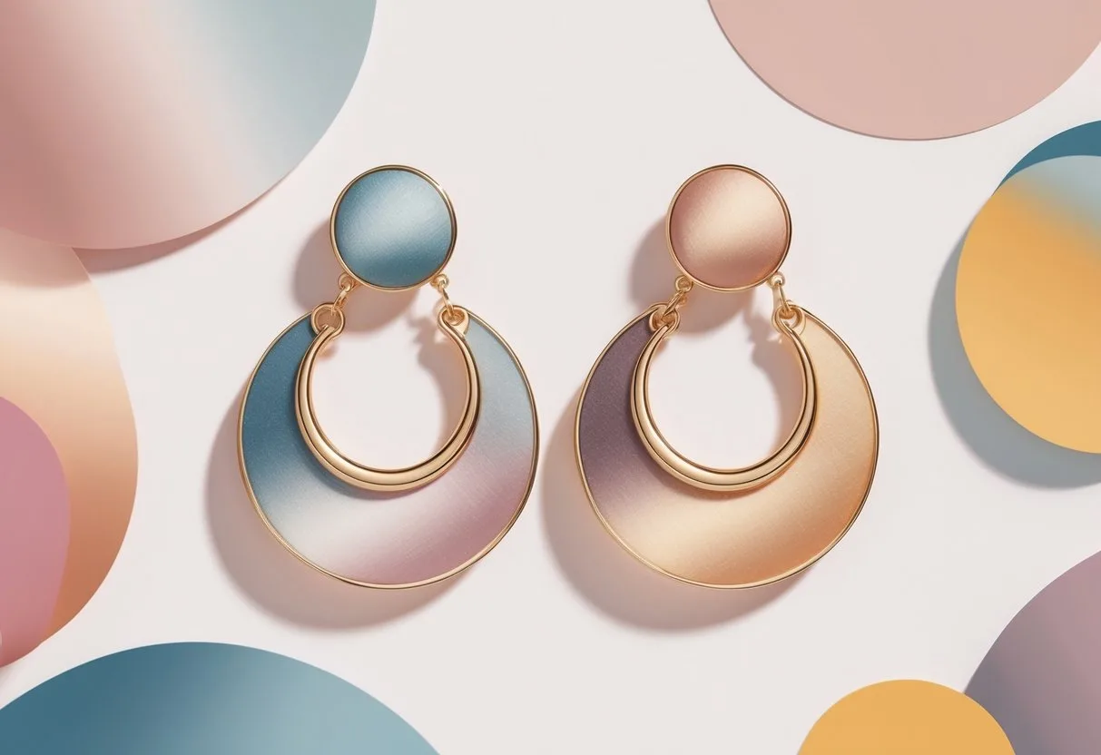 Une paire de boucles d’oreilles élégantes mise en valeur avec des formes et des couleurs inspirées de la palette Pantone 2026 en arrière-plan.