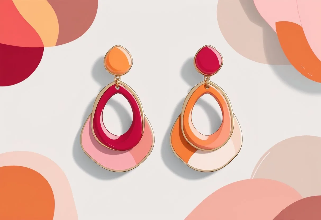 Une paire de boucles d’oreilles élégantes entourée de nuances de couleurs Pantone 2026 sur un fond clair.