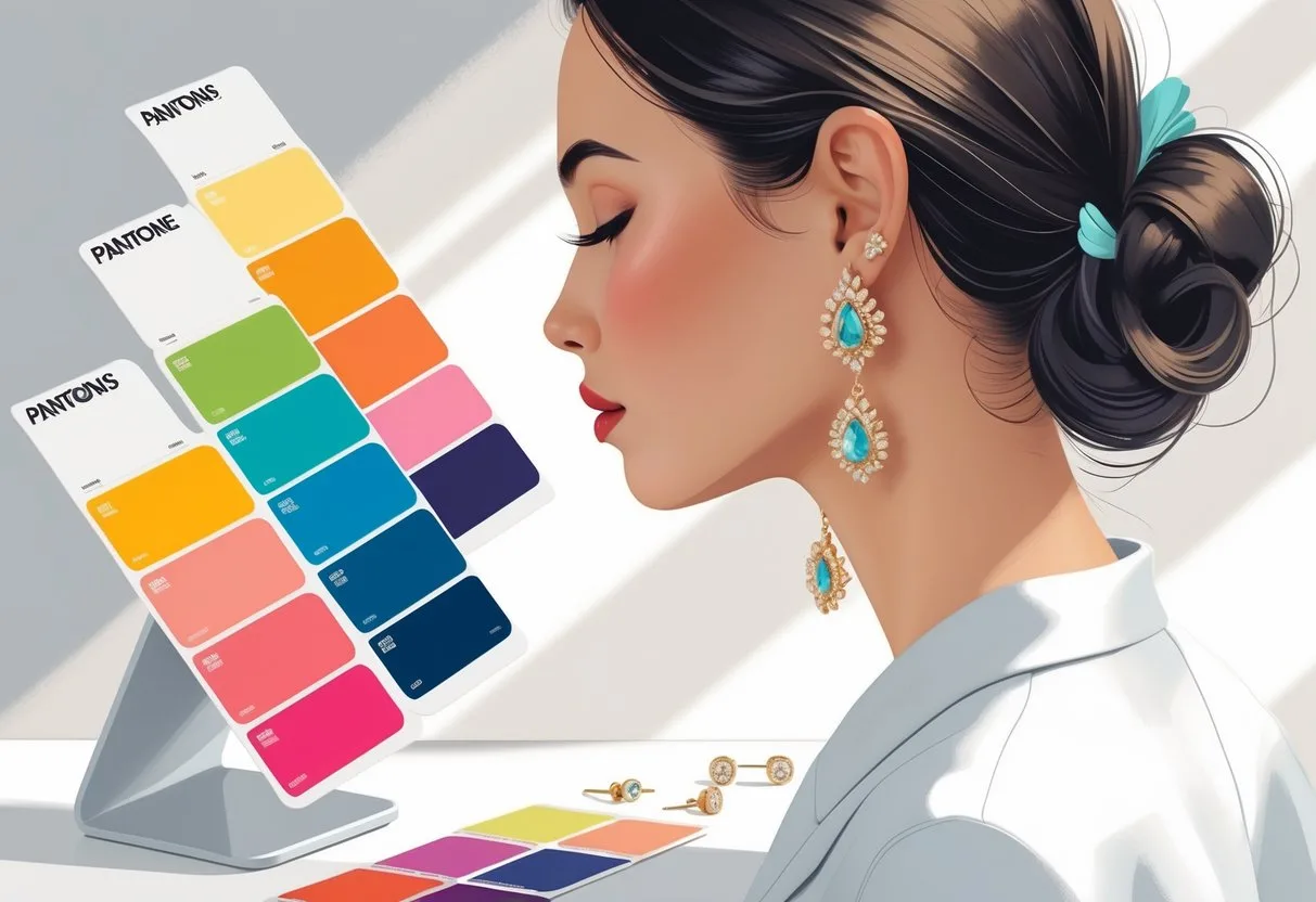 Une femme choisit des boucles d’oreilles assorties à différentes couleurs Pantone présentées sur un nuancier à côté d’elle.