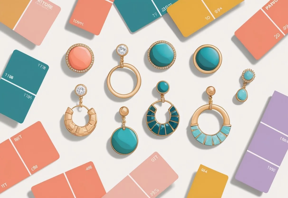 Une sélection d’oreilles avec différents styles de boucles d’oreilles disposées autour de nuanciers de couleurs Pantone sur un fond clair.