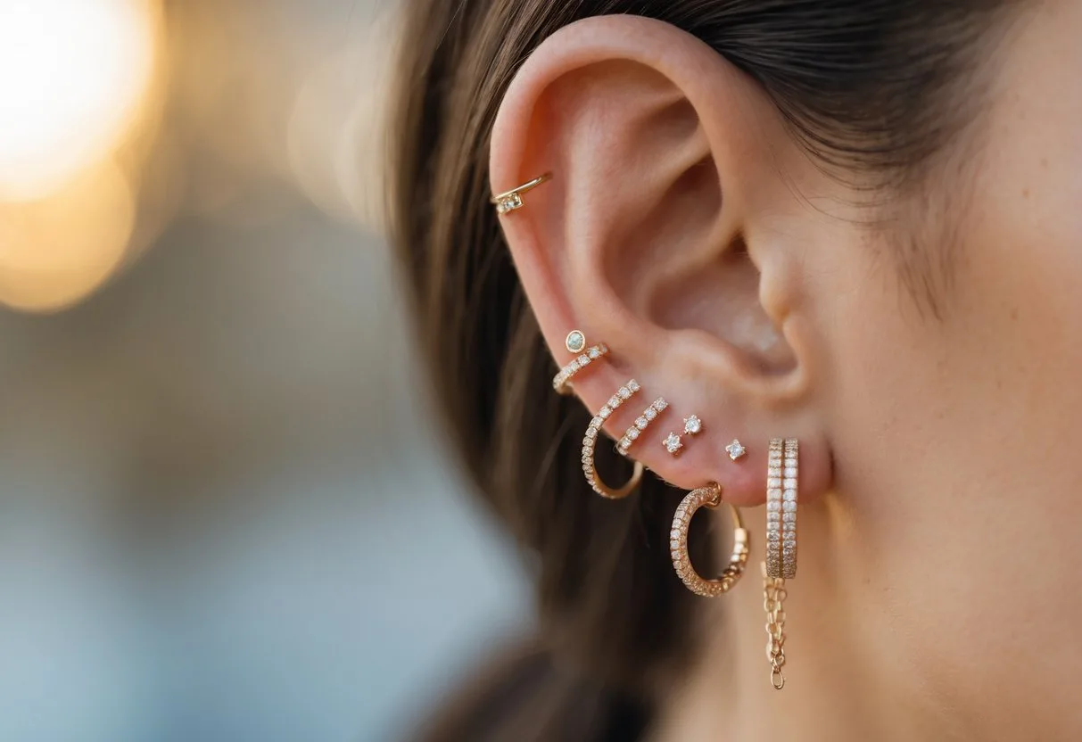 Gros plan d’une oreille féminine ornée de plusieurs boucles d’oreilles empilées de styles variés.