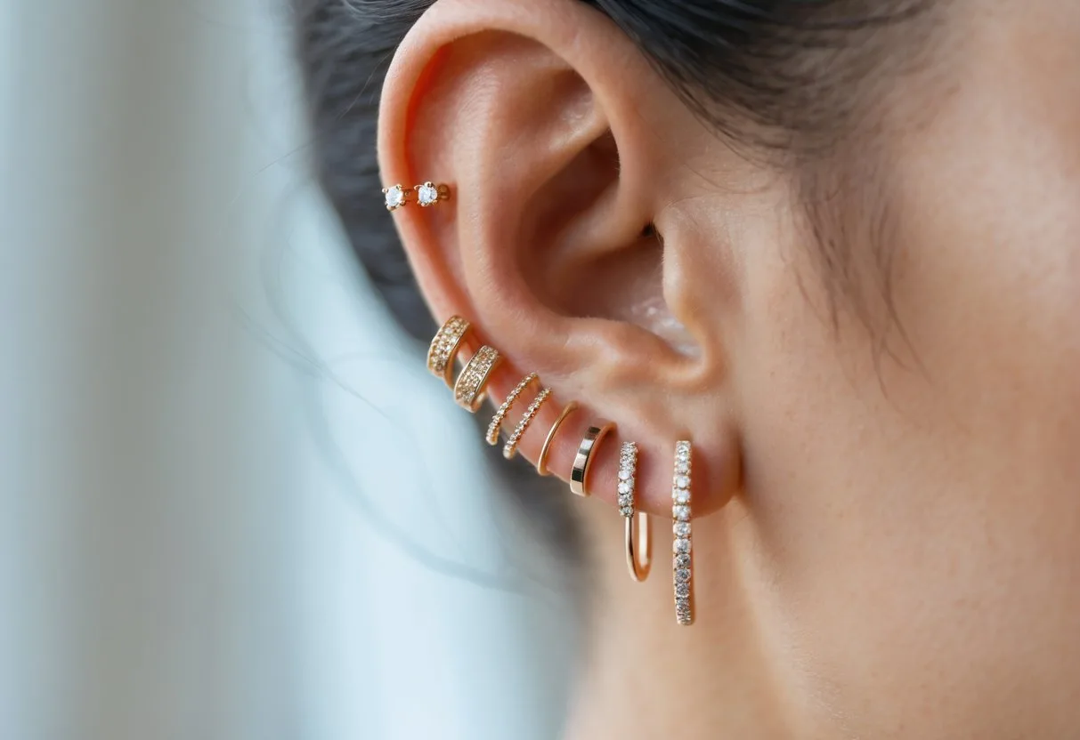 Gros plan sur une oreille féminine avec plusieurs boucles d’oreilles empilées et mélangées.