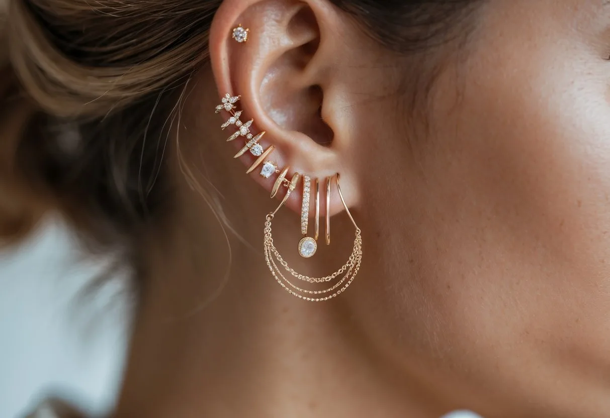 Gros plan sur une oreille féminine portant plusieurs boucles d'oreilles de styles différents empilées.