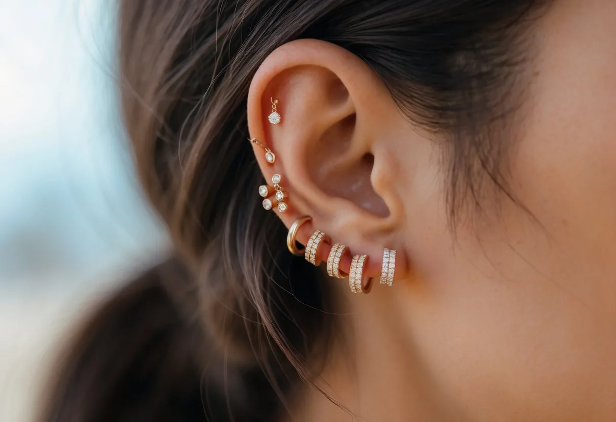 Gros plan sur une oreille féminine portant plusieurs boucles d'oreilles superposées de différents styles.
