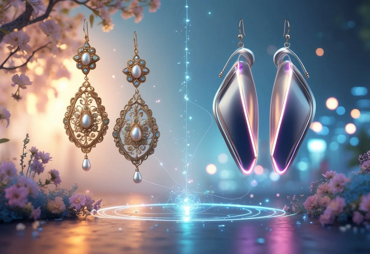 Une paire de boucles d’oreilles suspendues au centre, une côté vintage avec des perles et des motifs floraux, l’autre côté futuriste avec des éléments métalliques et lumineux, sur un fond mêlant un jardin ancien et une ville futuriste.
