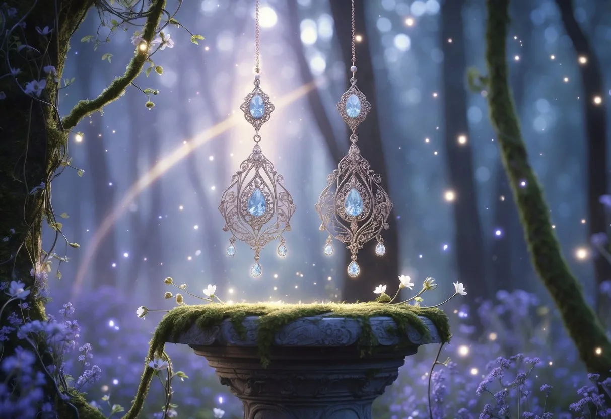 Une paire de boucles d’oreilles vintage suspendue au-dessus d’un piédestal en pierre entouré de plantes et de fleurs lumineuses dans une forêt au crépuscule.