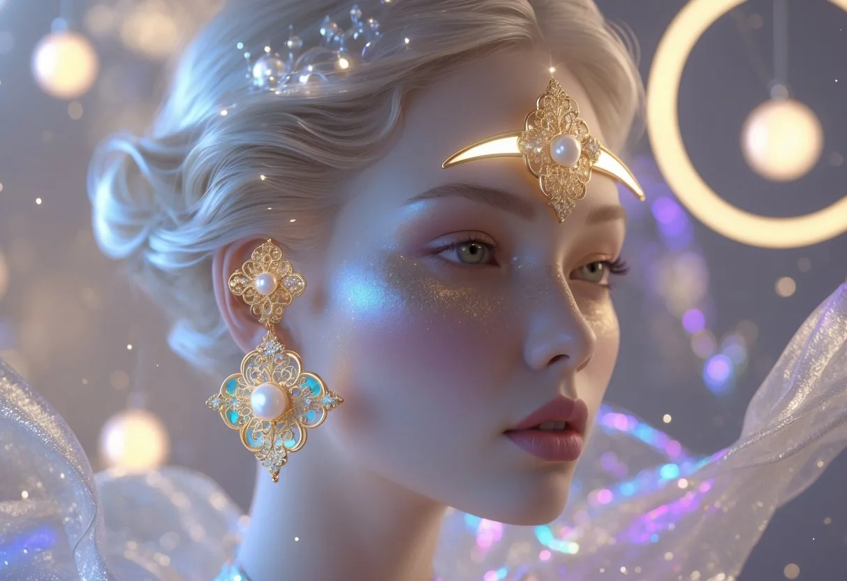 Une femme porte des boucles d'oreilles élégantes combinant des motifs anciens et des éléments modernes, dans un décor lumineux et brumeux.