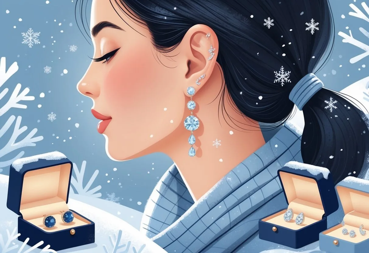 Une femme porte des boucles d’oreilles élégantes avec des flocons de neige en arrière-plan, entourée de boîtes à bijoux ouvertes montrant différents modèles de boucles d’oreilles.