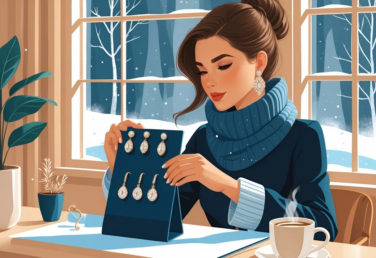 Une femme choisit des boucles d’oreilles dans une ambiance hivernale chaleureuse, avec une fenêtre enneigée en arrière-plan.