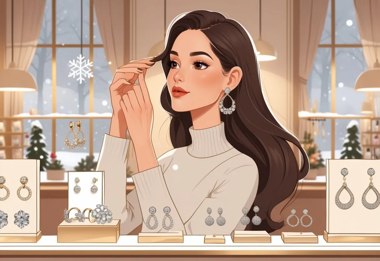 Une femme choisissant des boucles d’oreilles dans une boutique pendant les soldes d’hiver.