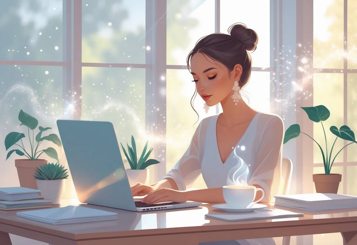 Une femme assise à son bureau à domicile, portant des boucles d’oreilles élégantes, travaillant sur son ordinateur dans une ambiance calme et lumineuse.