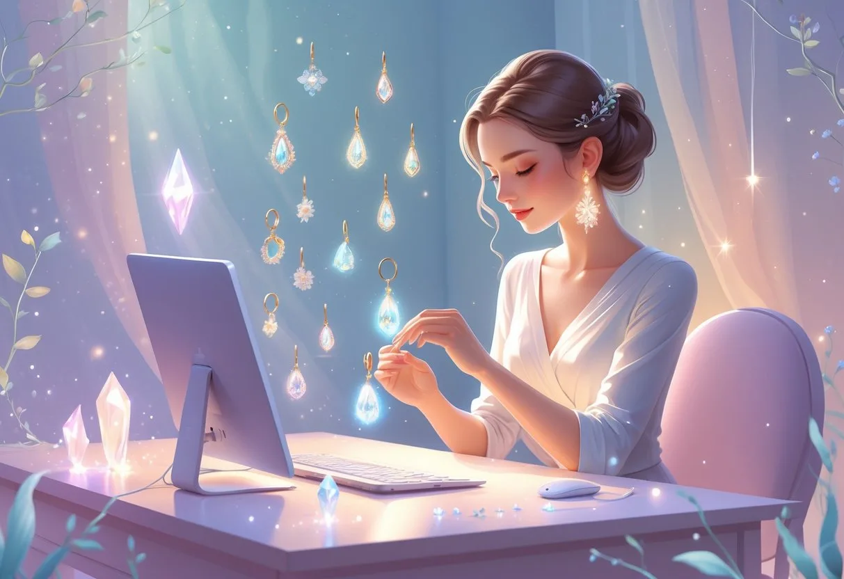 Une femme choisit des boucles d’oreilles lumineuses dans une pièce calme et lumineuse, entourée de bijoux flottants.