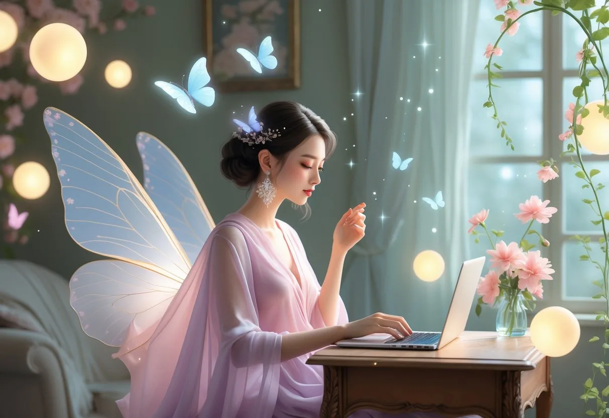 Une femme assise à un bureau, travaillant sur un ordinateur portable, portant des boucles d’oreilles brillantes dans une pièce lumineuse avec des fleurs et des lumières flottantes.