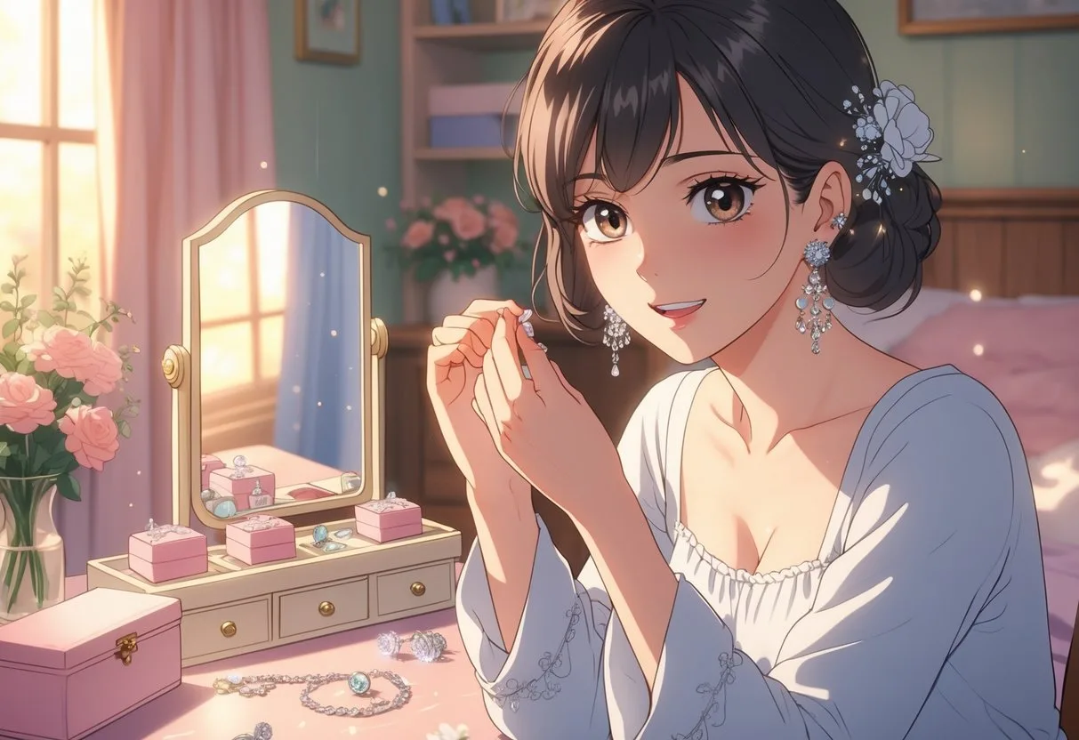 Une jeune femme met des boucles d’oreilles devant un miroir dans une chambre chaleureuse avant un rendez-vous.