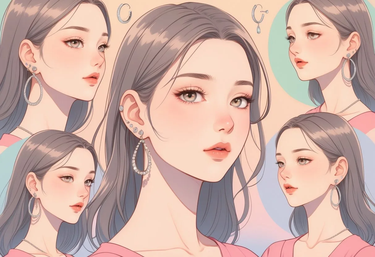 Une jeune femme montre différents types de boucles d’oreilles adaptés à diverses formes de visage, avec plusieurs portraits d’elle sous différents angles.