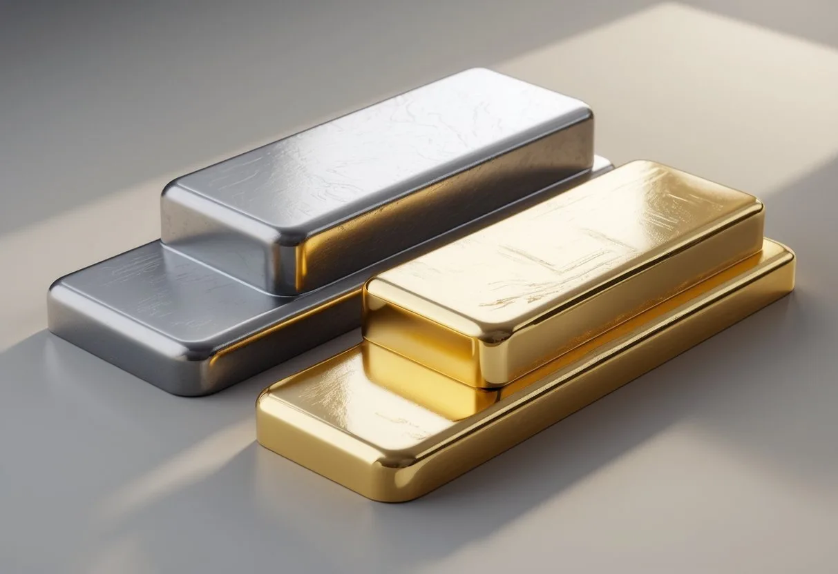 Trois barres métalliques côte à côte représentant l'argent, l'acier et le métal plaqué or, montrant leurs différences de couleur et de texture.